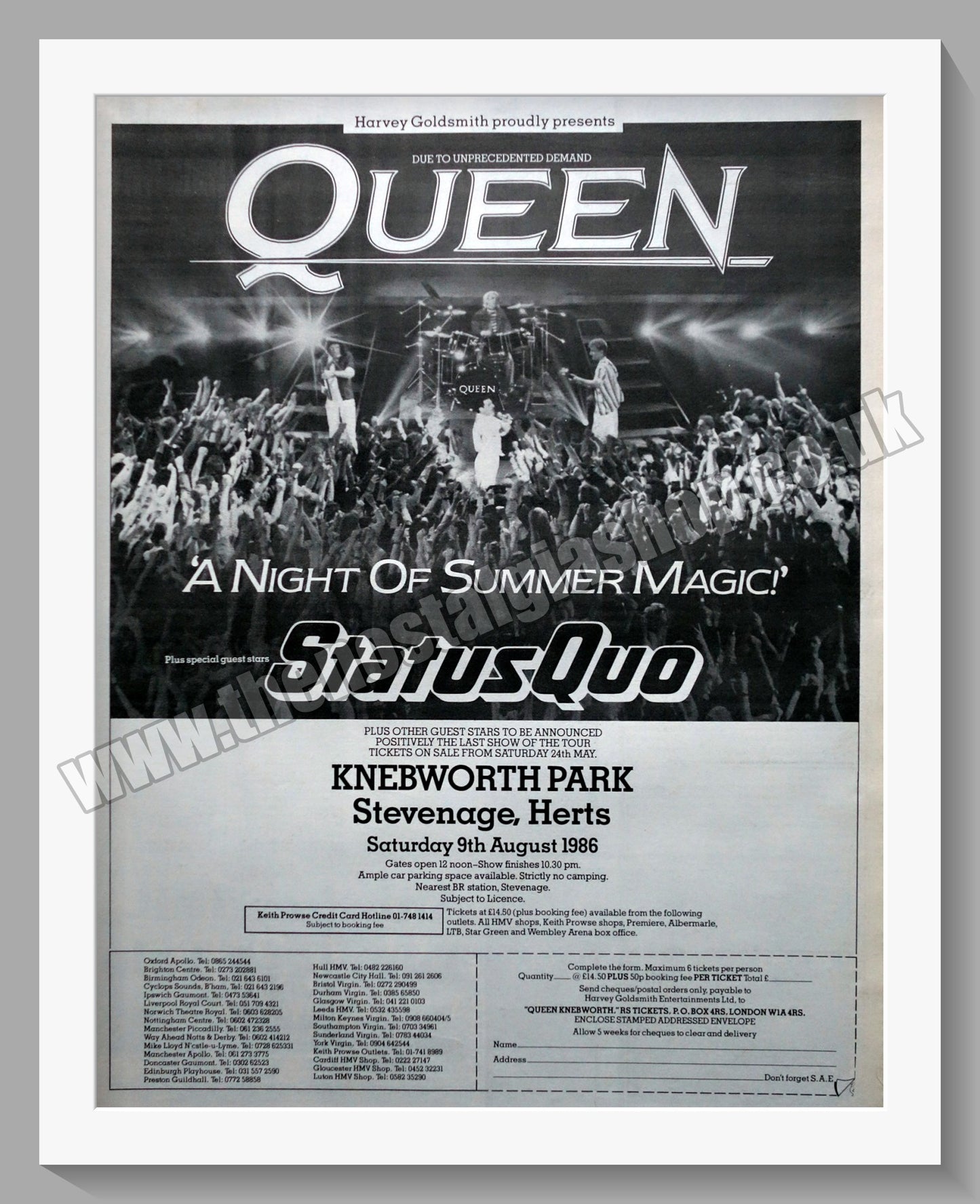 Queen & Status Quo Knebworth Park. 1986 Large Original Advert (ref AD15223)