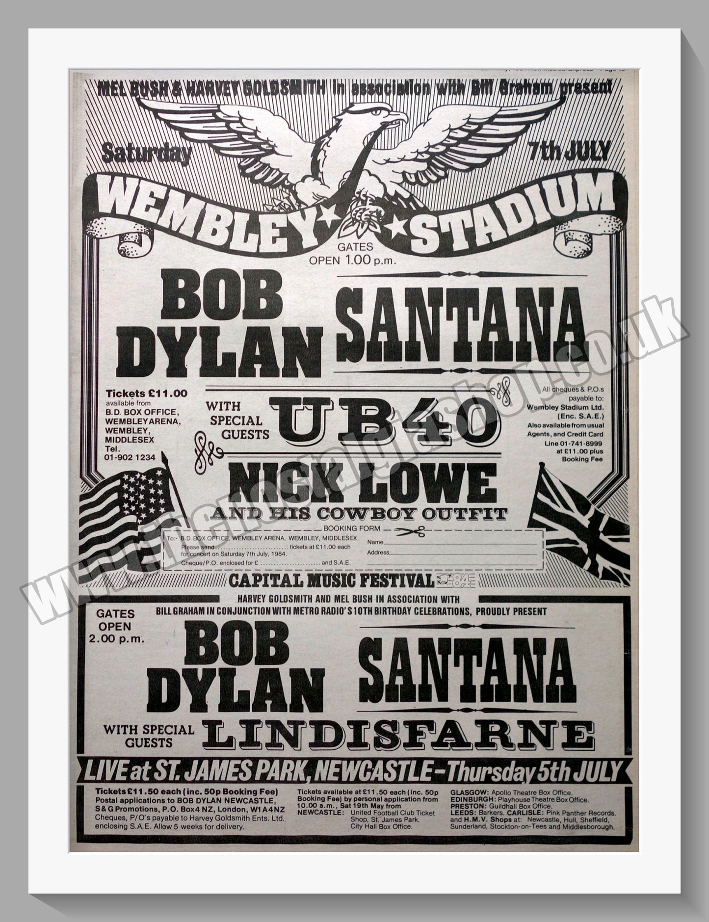 Capital Music Festival Wembley Bob Dylan, Santana. 1984 Large Original Advert (ref AD15329)