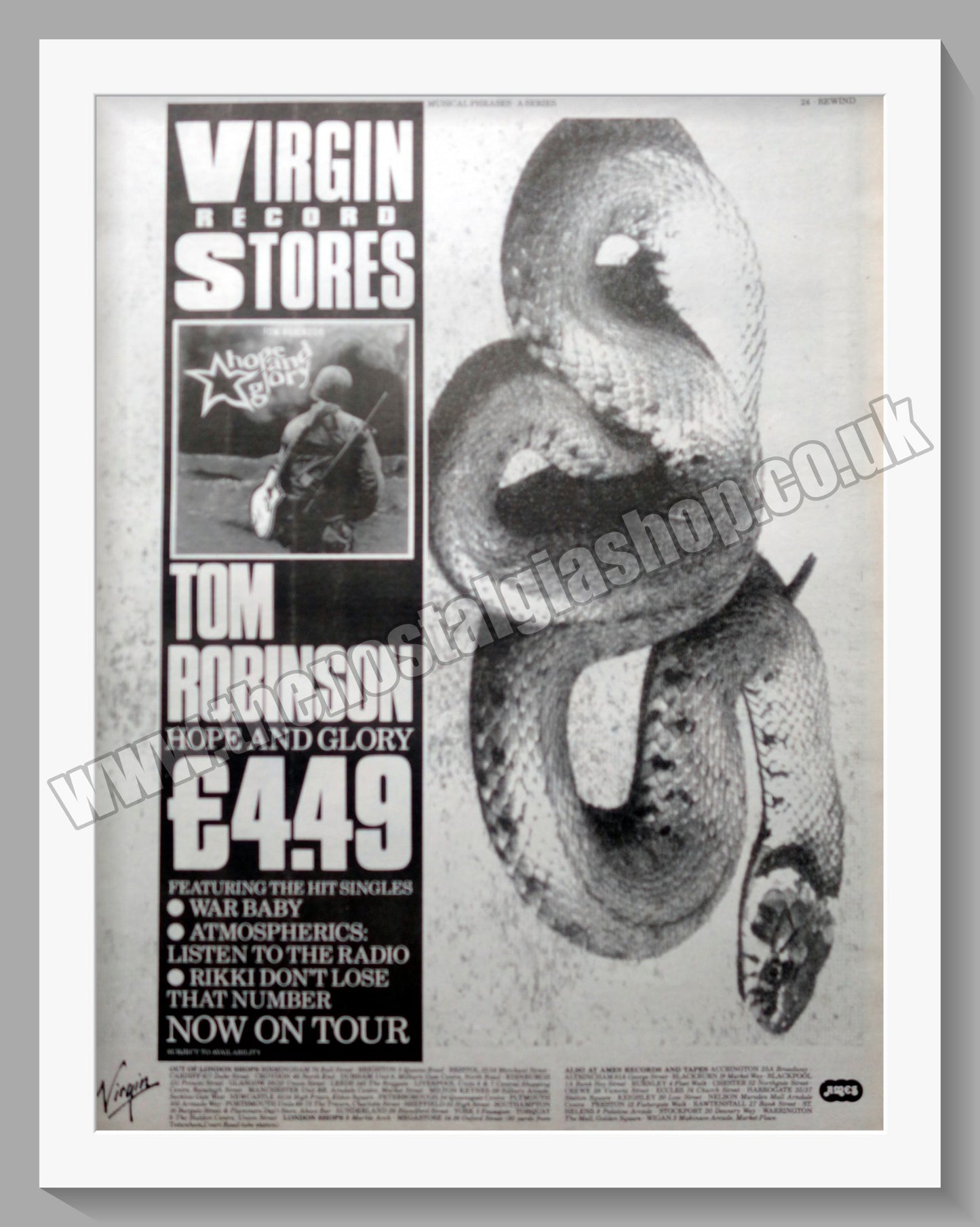 Tom Robinson Hope And Glory. 1984 Large Original Advert (ref AD15350)