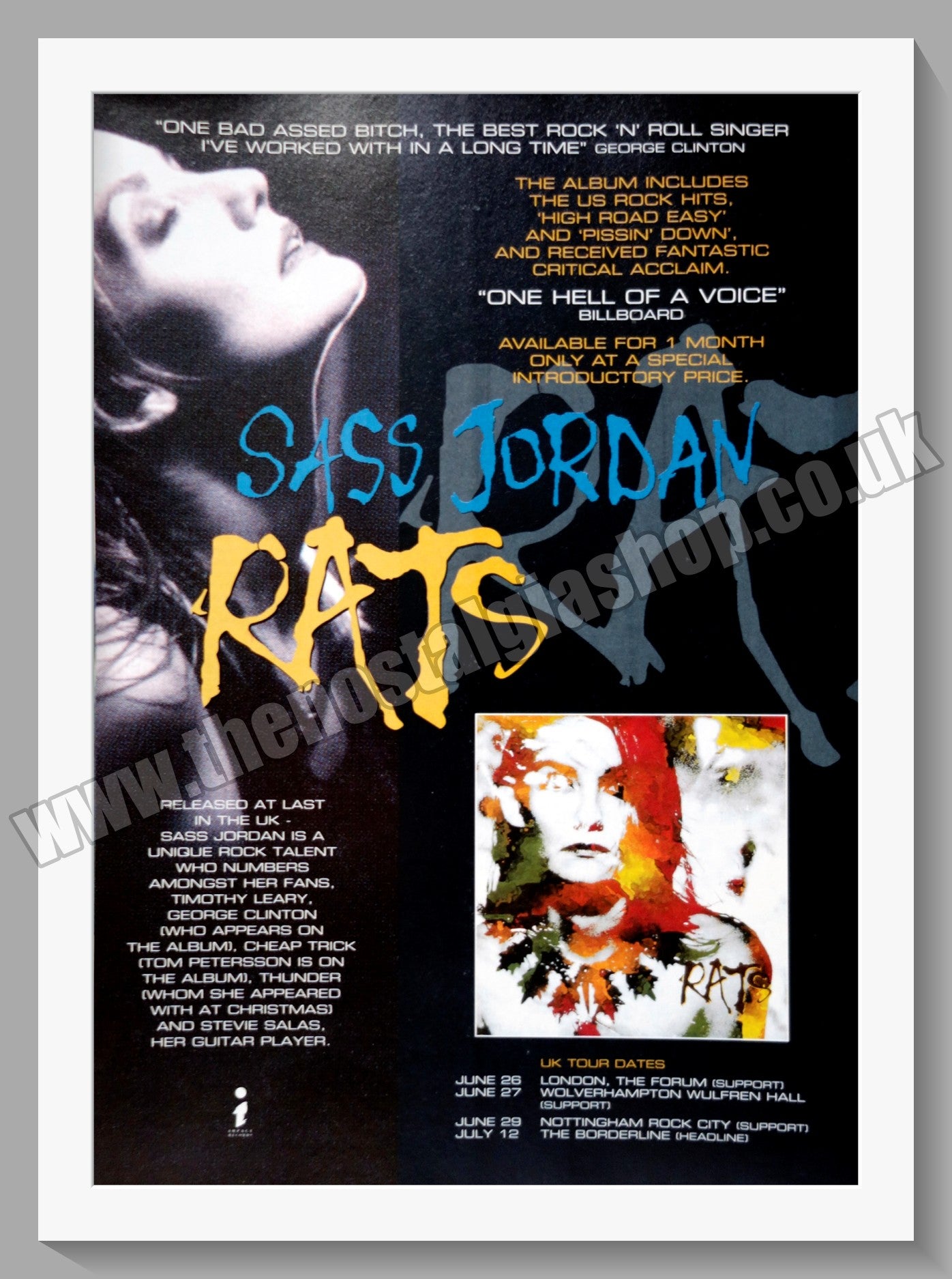 Sass Jordan. Rats, UK Tour Dates. 1994 Original Advert (ref AD60670)