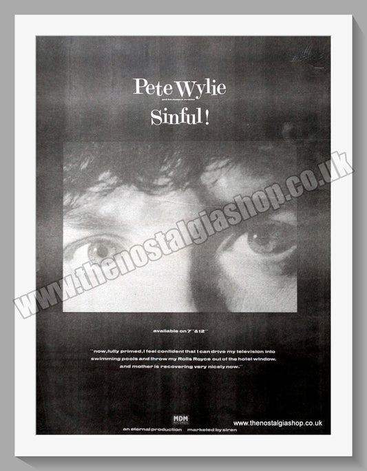 Pete Wylie Sinful. 1986 Large Original Advert (ref AD15366)