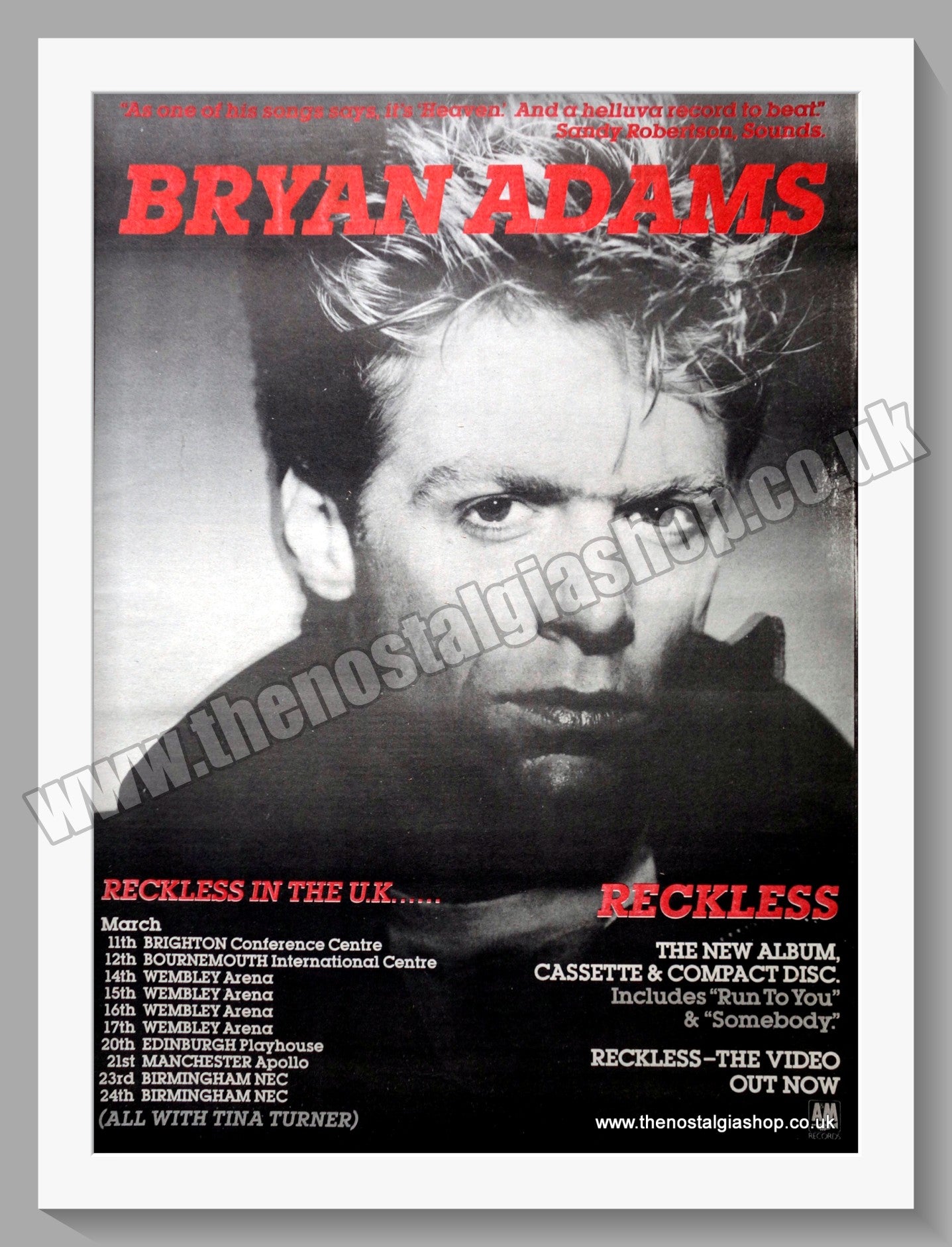 Bryan Adams Reckless. 1985 Large Original Advert (ref AD15389)