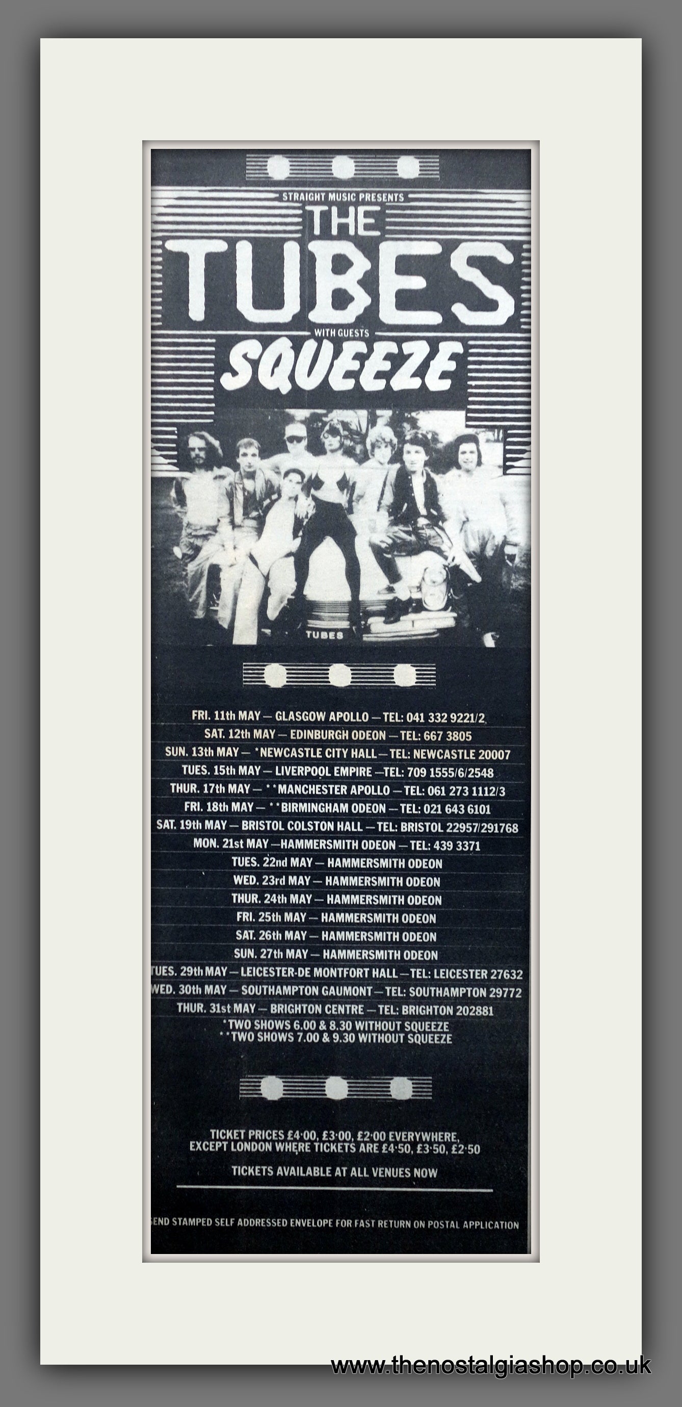 The Tubes and Squeeze. UK Tour. Vintage Original Advert 1979  (ref AD200368)