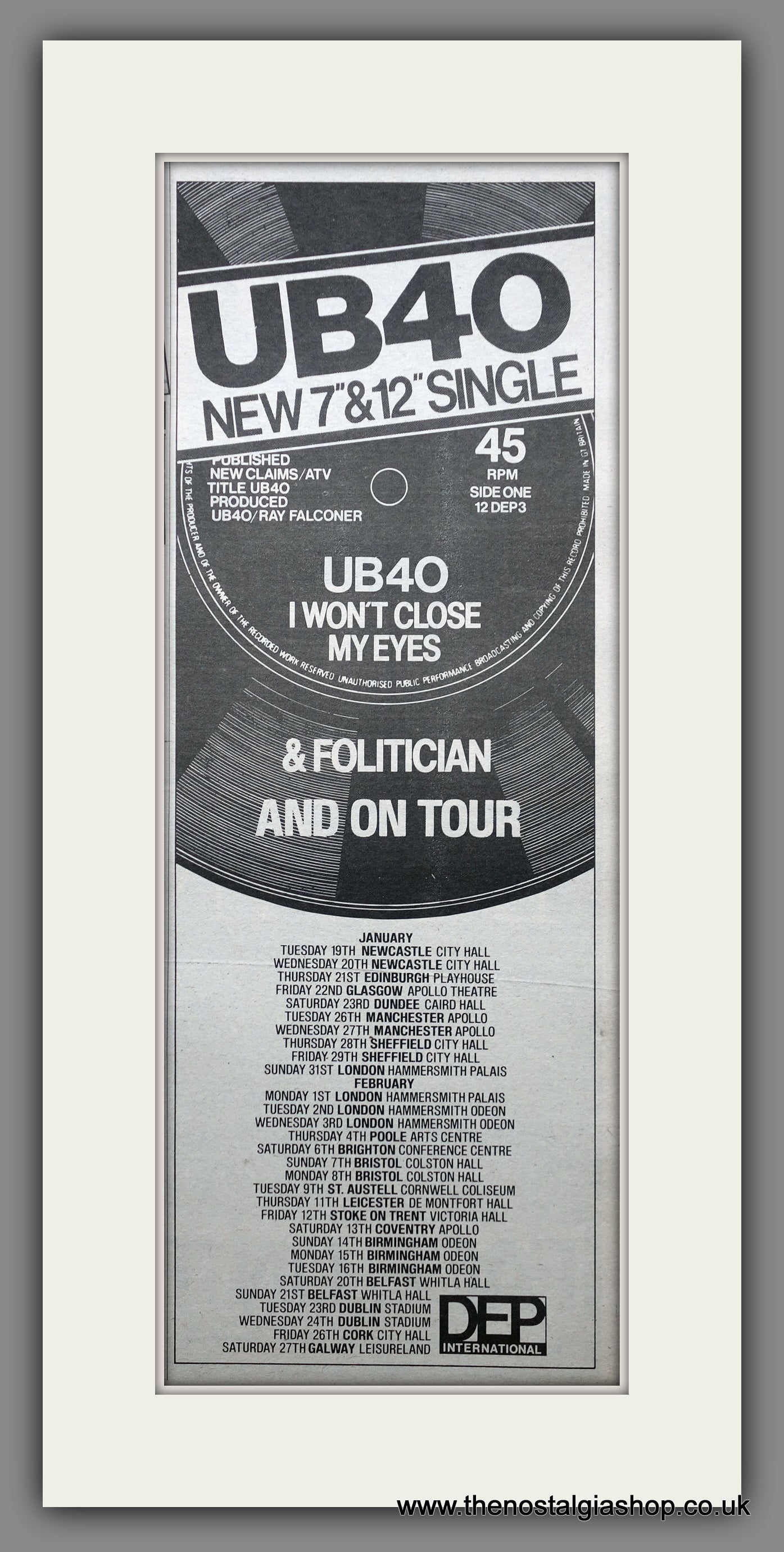 UB40 I Won't Close My Eyes. UK Tour. Vintage Original Advert 1982  (ref AD200399)