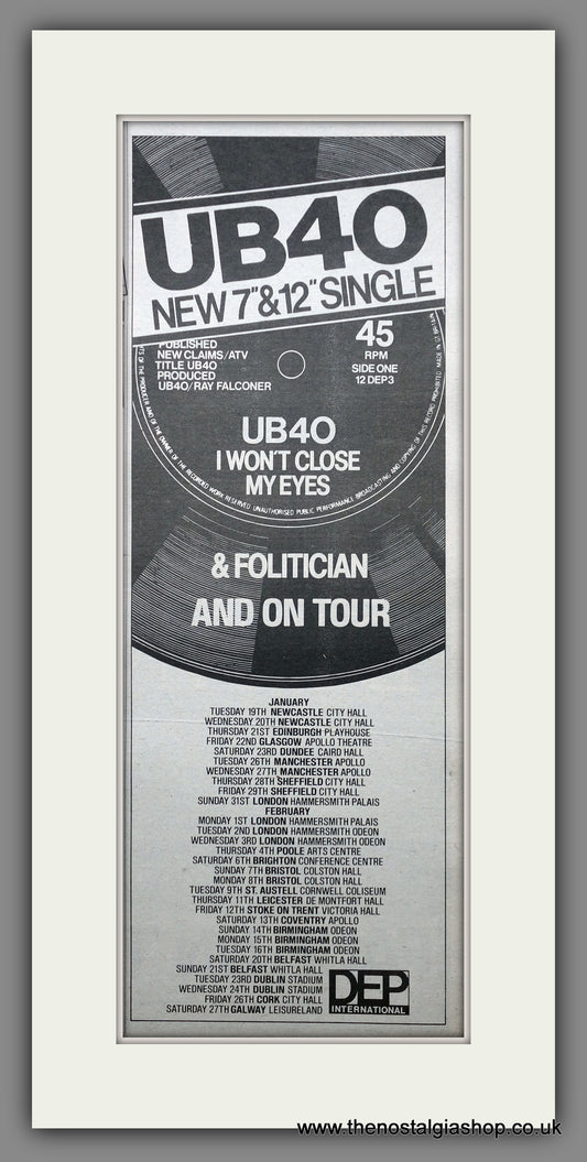 UB40 I Won't Close My Eyes. UK Tour. Vintage Original Advert 1982  (ref AD200399)