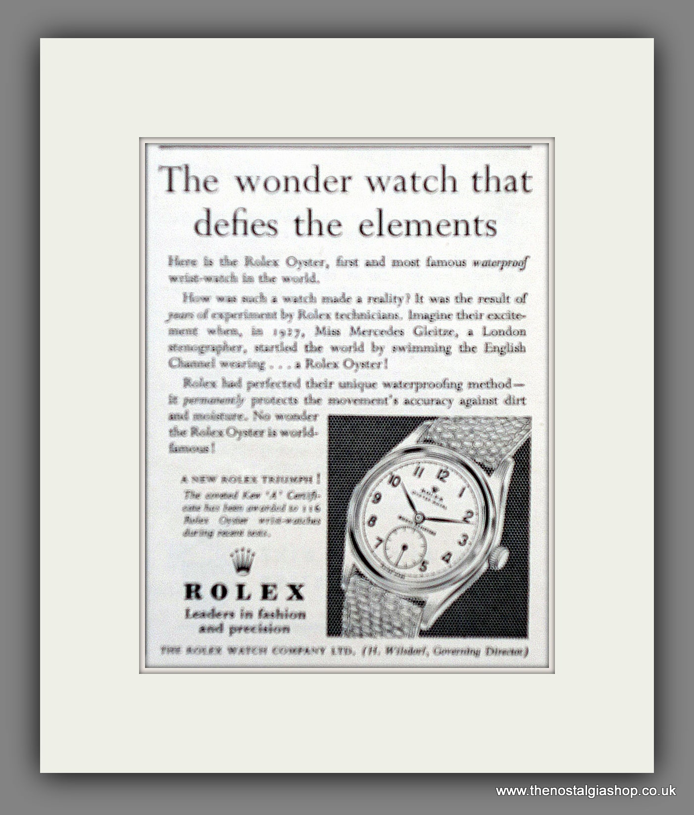 Rolex Oyster Watch. Original Advert 1950 (ref AD60825)