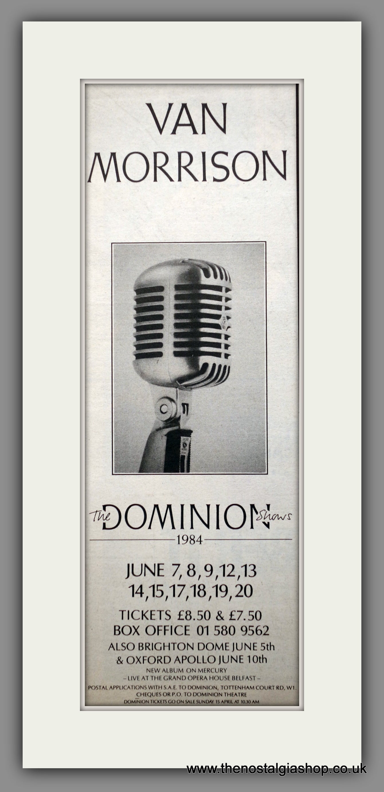 Van Morrison. The Dominion Shows 1984. Vintage Original Advert 1984  (ref AD200419)