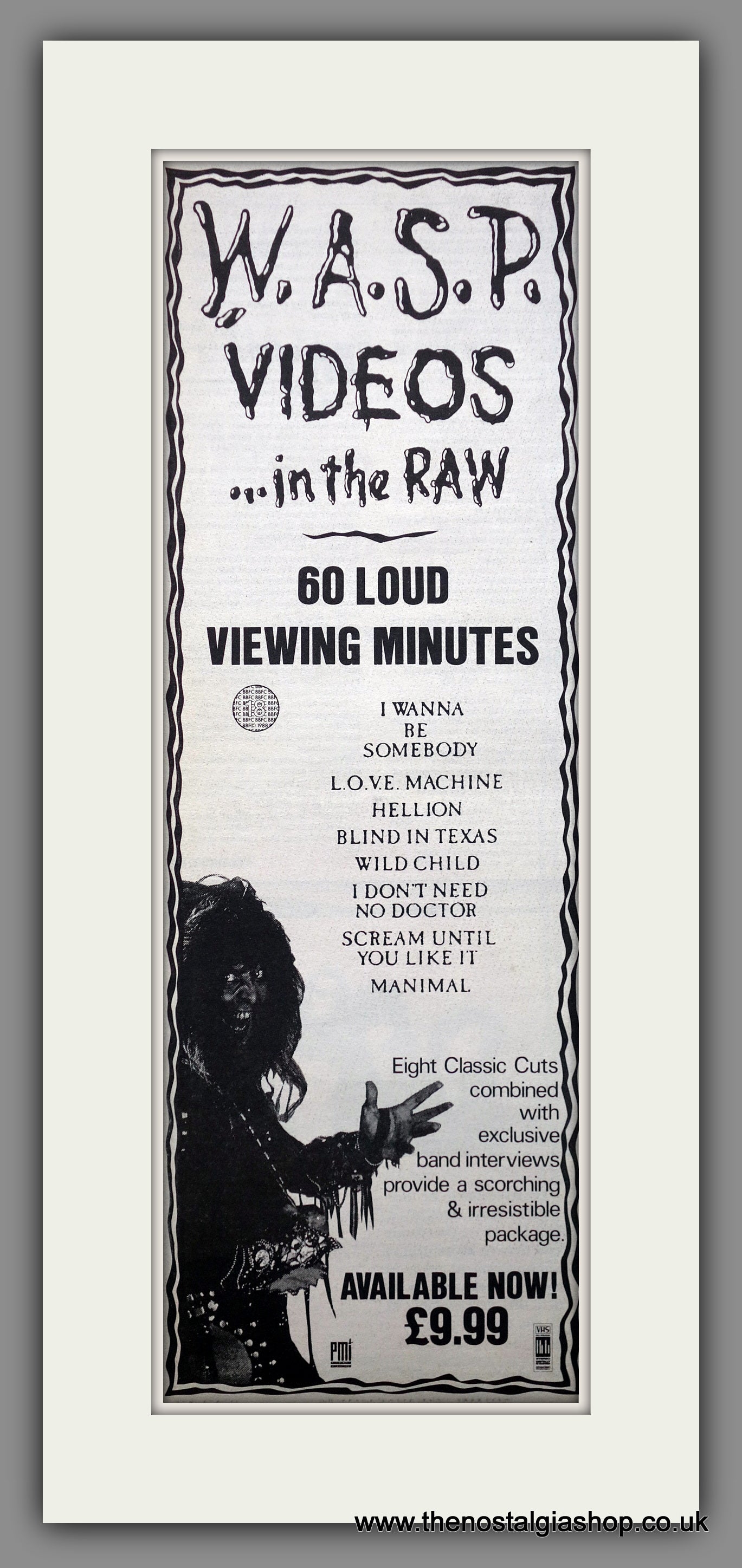 W.A.S.P. Videos In The Raw. Vintage Original Advert 1988 (ref AD200449)