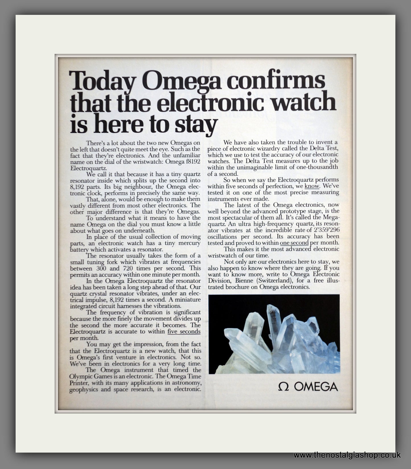 Omega Electroquartz Watches. Original Double Advert 1970 (ref AD301174)