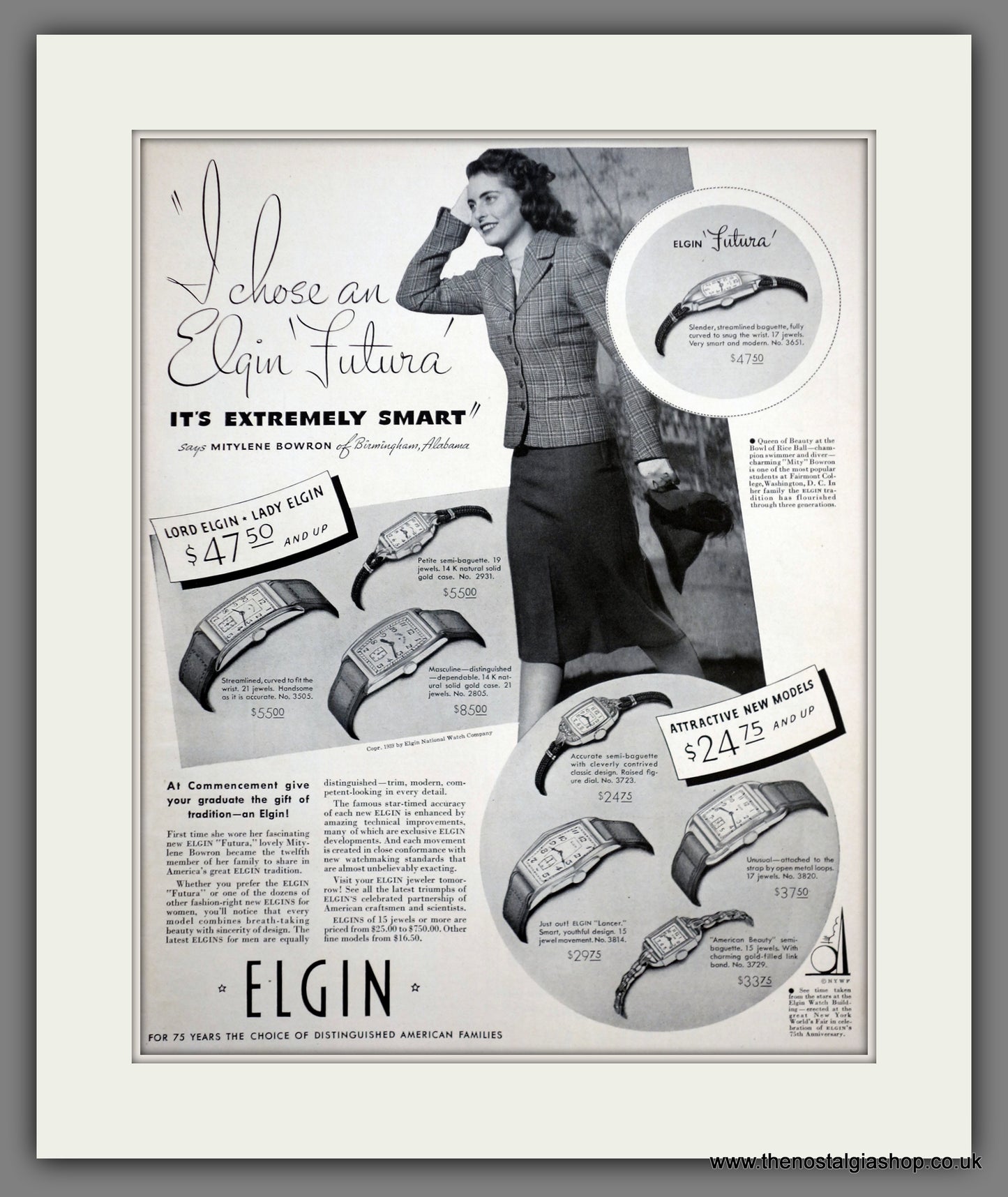 Elgin Ladies Watches. Original Advert 1939 (ref AD301240)