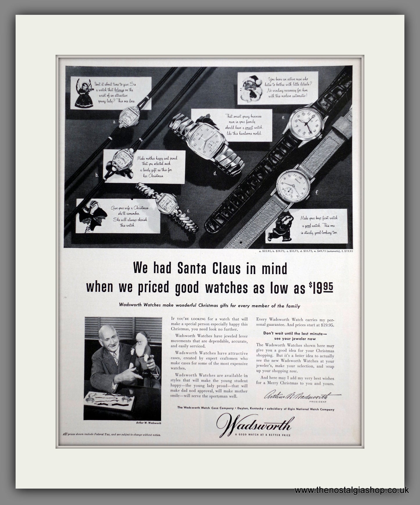 Wadsworth Watches. Original Advert 1951 (ref AD301249)