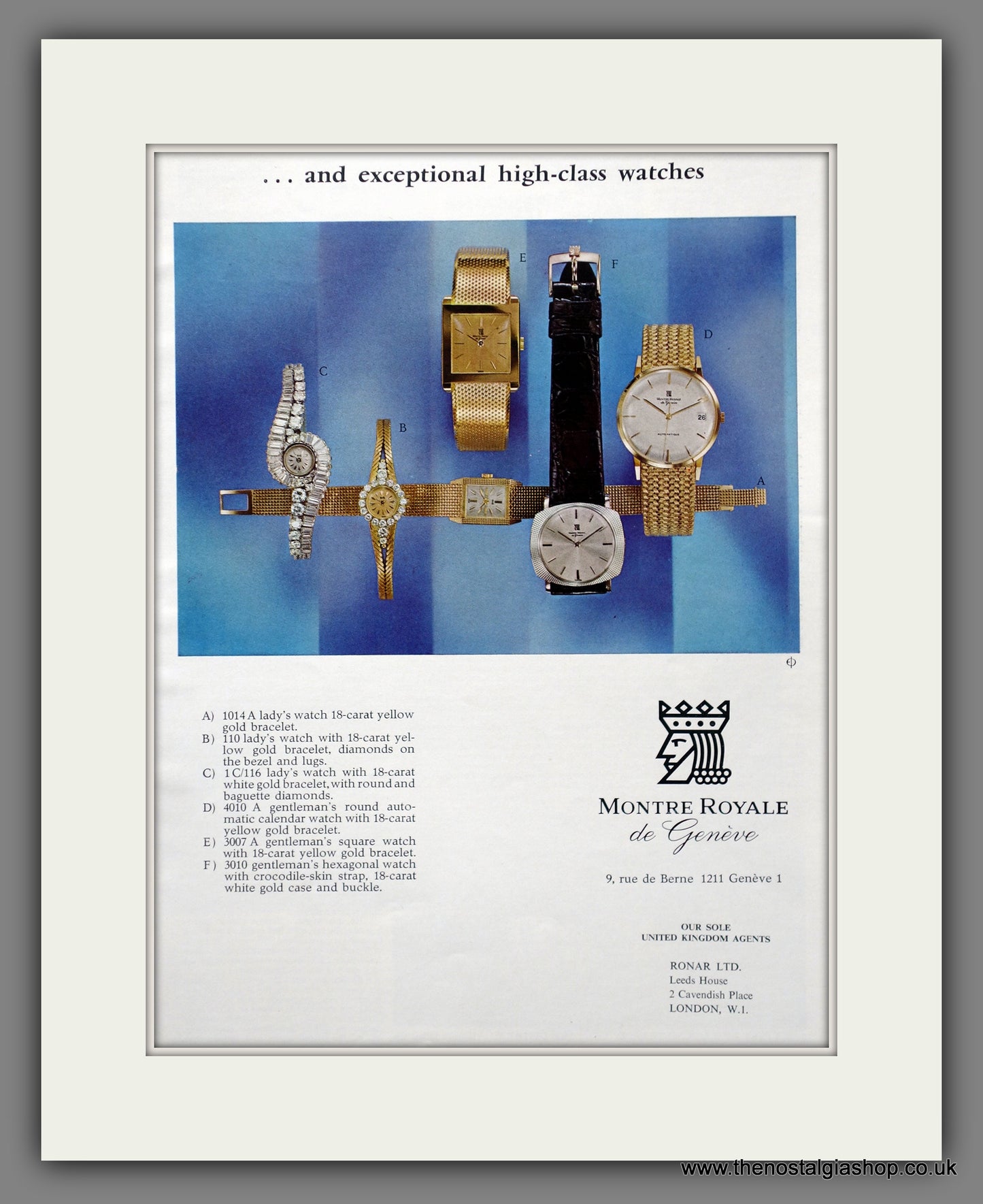 Montre Royale De Geneve Watches.  Original Advert 1966 (ref AD301274)