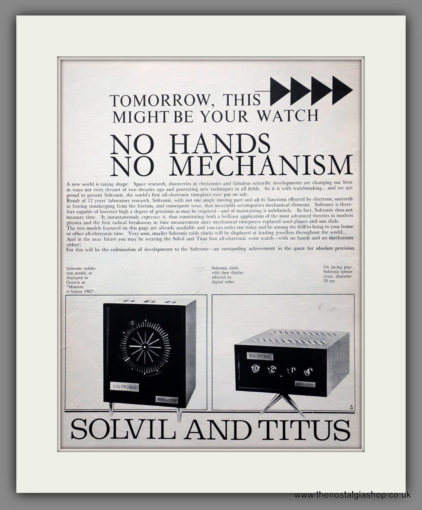 Soltronic Solvil & Titus Clocks. Set Of 2 Original Adverts 1962 (ref AD301294)