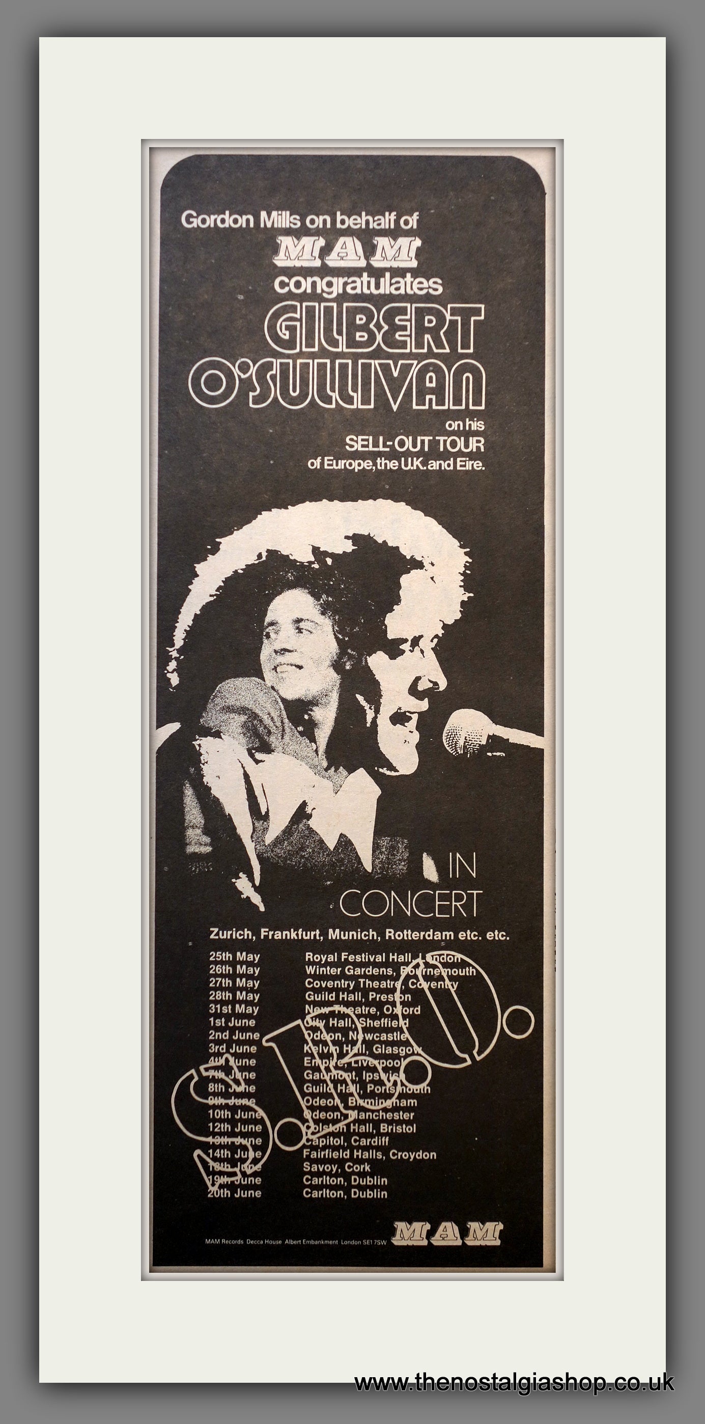 Gilbert O'Sullivan In Concert.  Original Advert 1973 (ref AD200538)