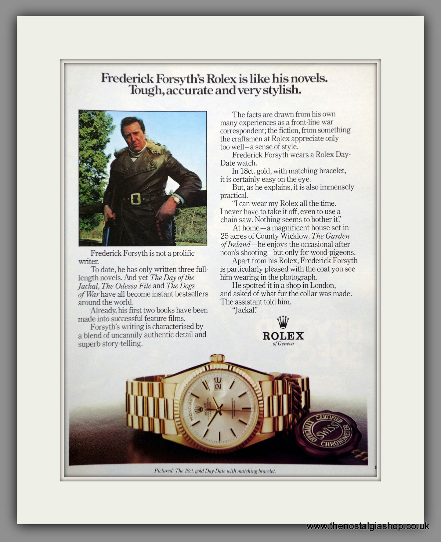 Rolex Day-Date Watch. Frederick Forsyth. Original Advert 1977 (ref AD60890)