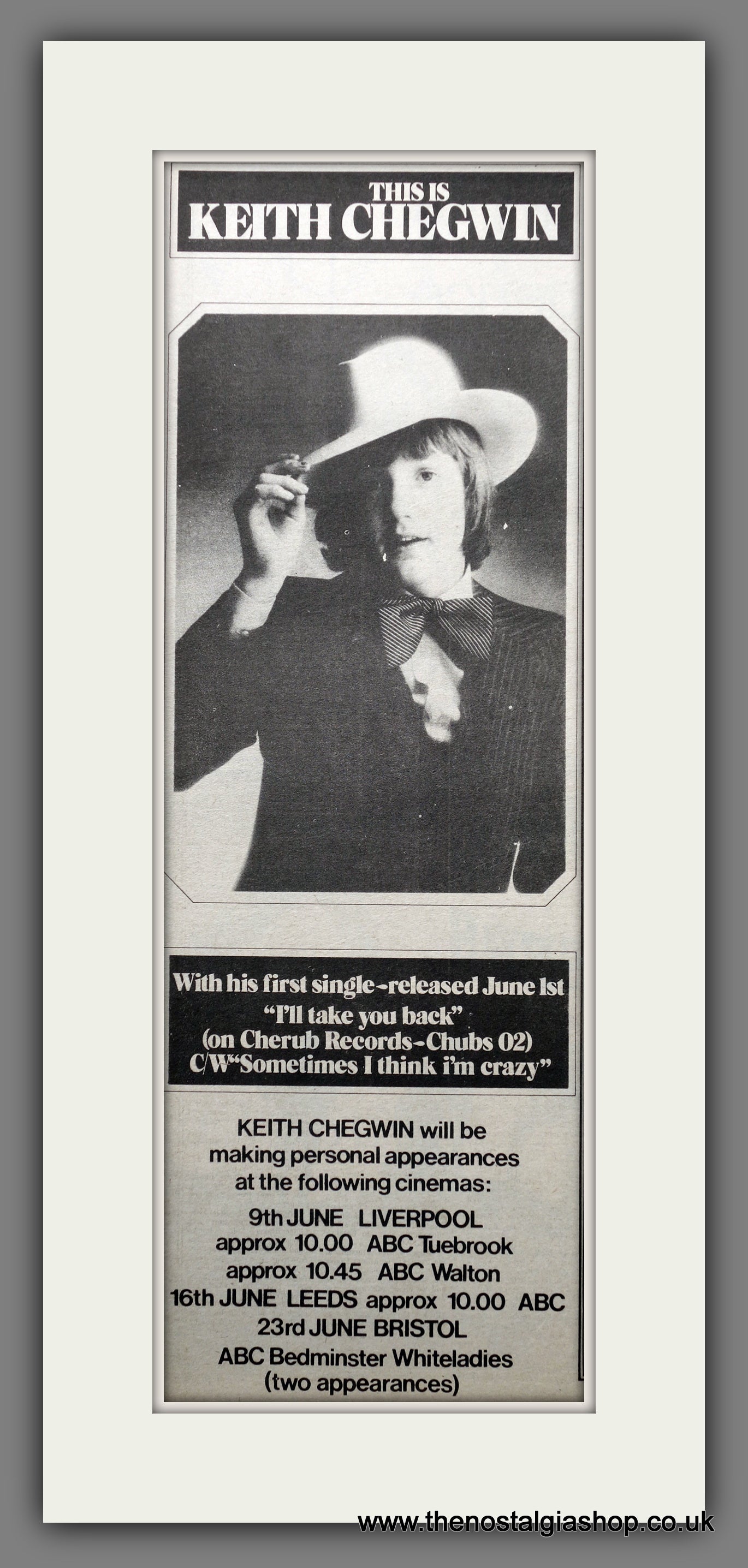 Keith Chegwin I'll Take You Back. Original Advert 1973 (ref AD200728)