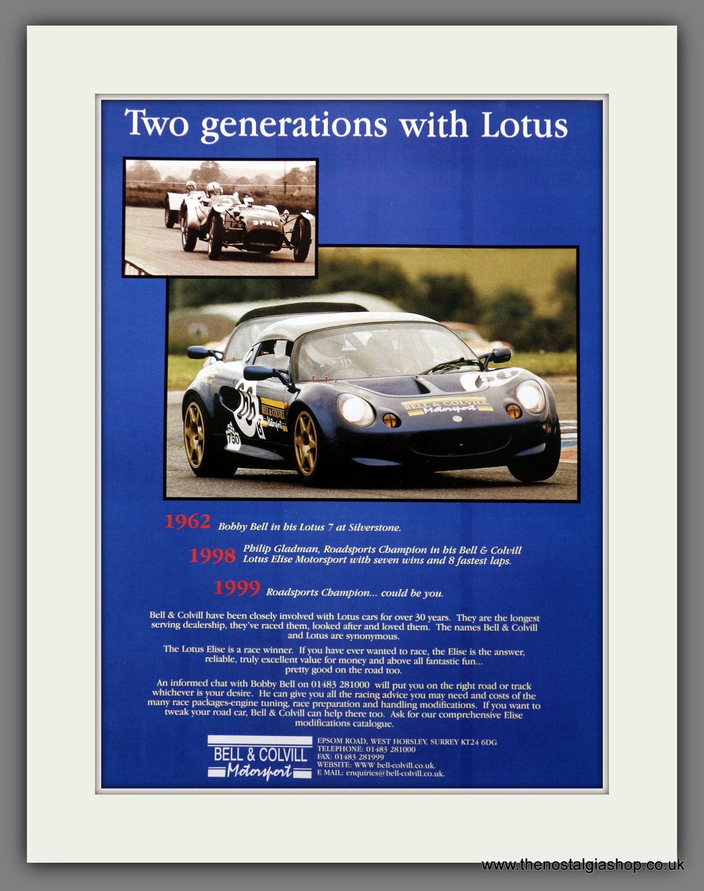 Lotus Bell & Colvill Motorsport. 1999 Original Advert (ref AD61066)