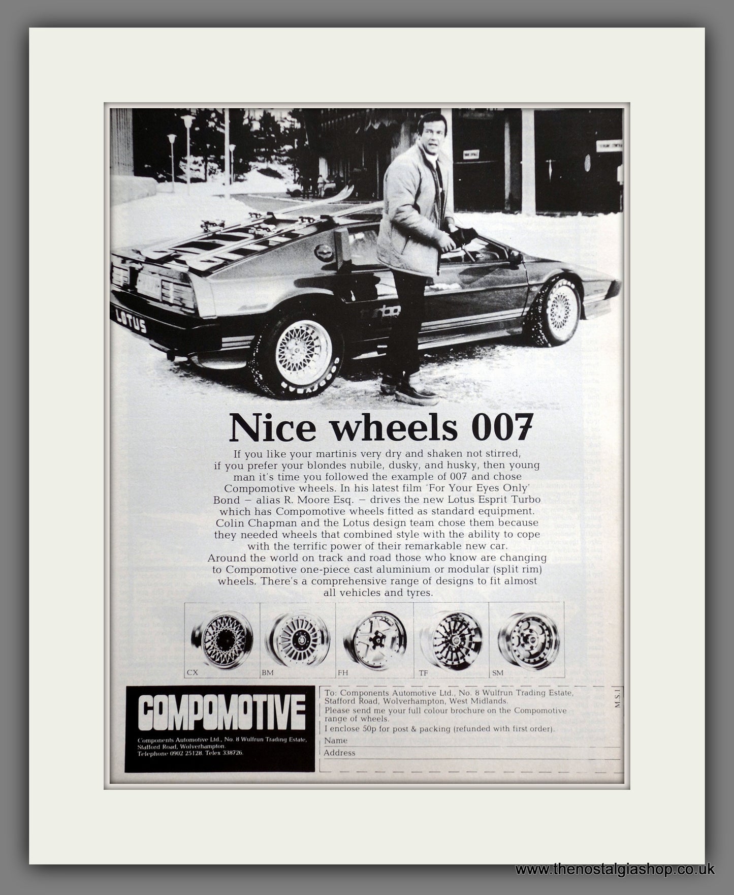 Lotus Esprit Turbo & Compomotive Wheels. Roger Moore, James Bond. 1981 Original Advert (ref AD61134)