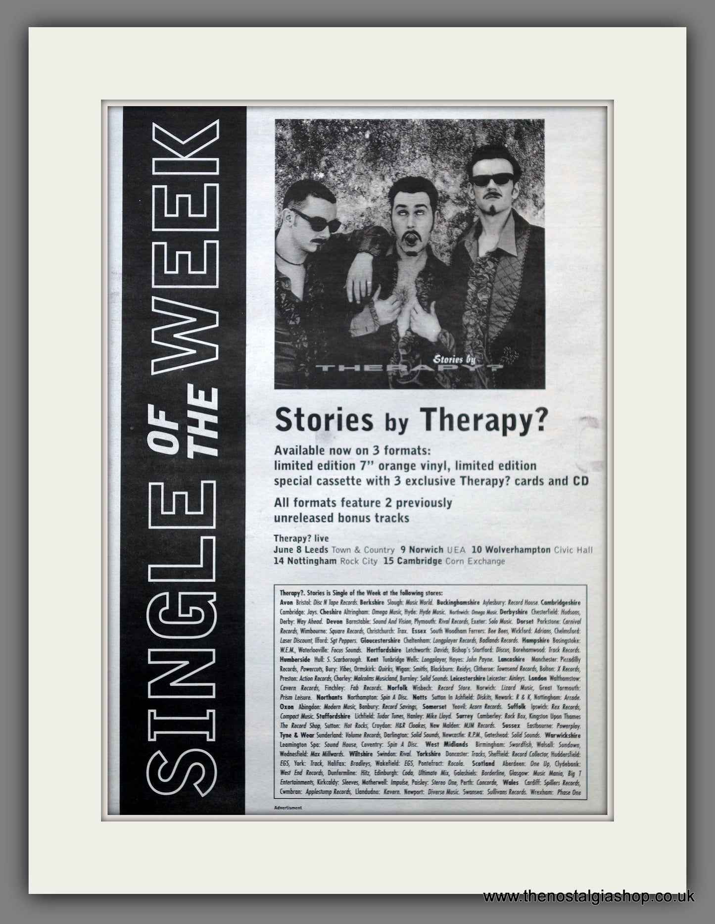 Therapy Stories Tour Dates. Original Advert 1995 (ref AD15566)