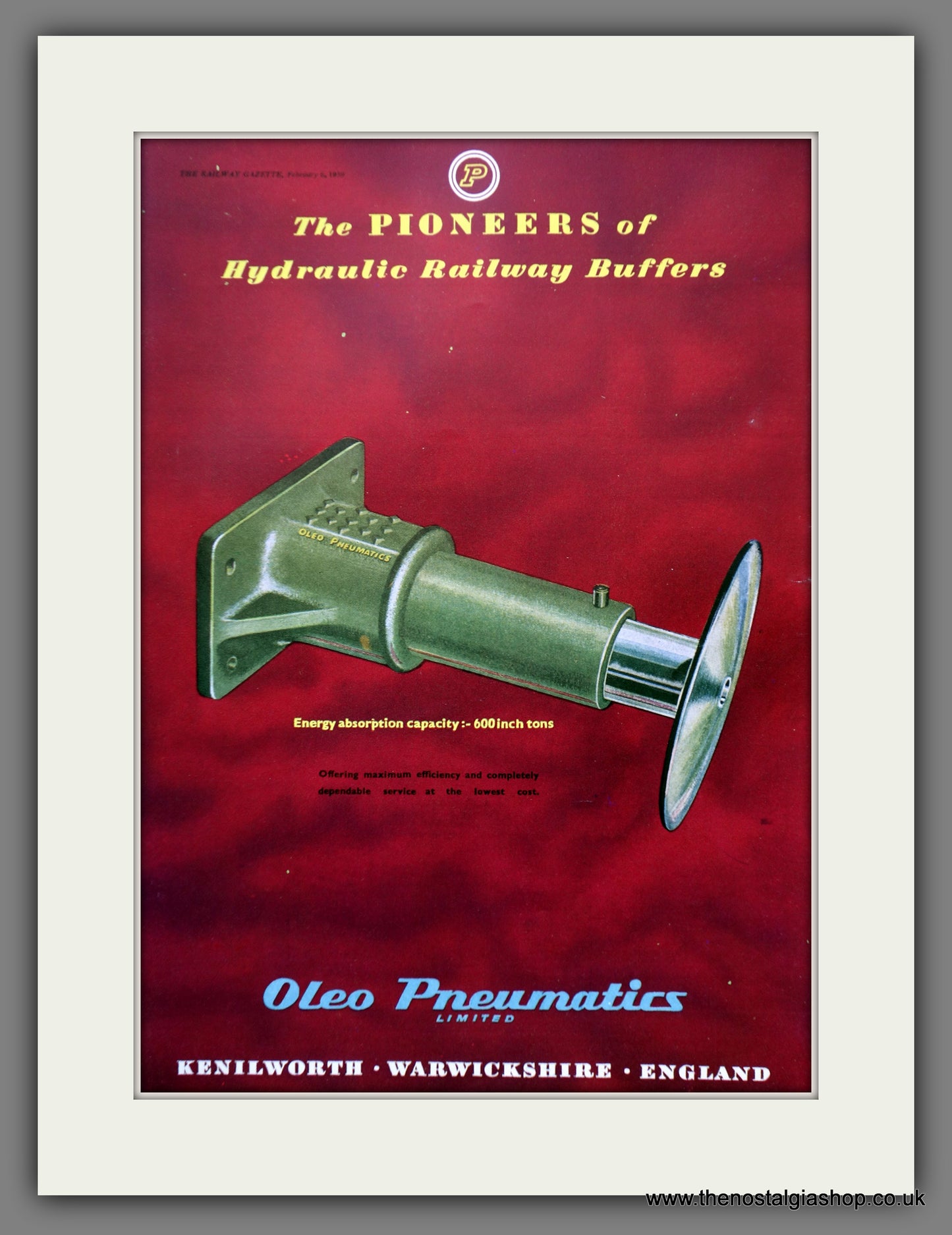 Oleo Pneumatics Hydraulic Railway Buffers. Original Advert 1959 (ref AD61123)