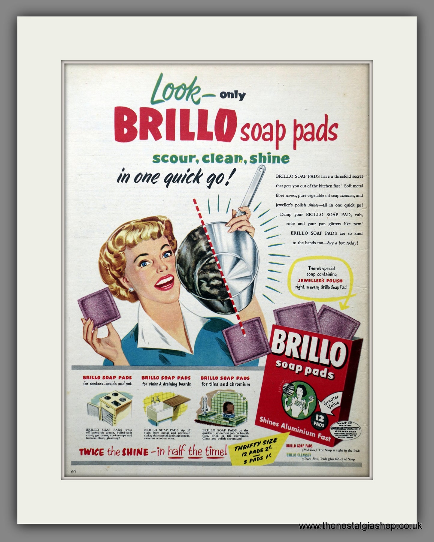 1955 Brillo Soap Pads Aluminum Clean Woman Pan Vintage Print Ad 28118