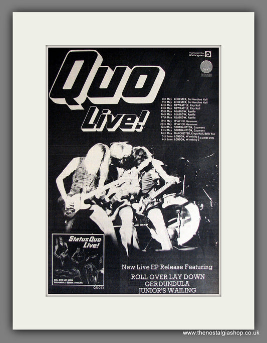 Status Quo. Live! UK Tour. Vintage Advert 1975 (ref AD14132)