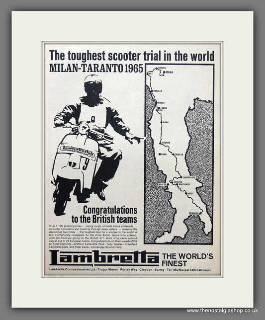 Lambretta Scooter Trial, Milan-Taranto '65. Original advert 1965 (ref AD56460)