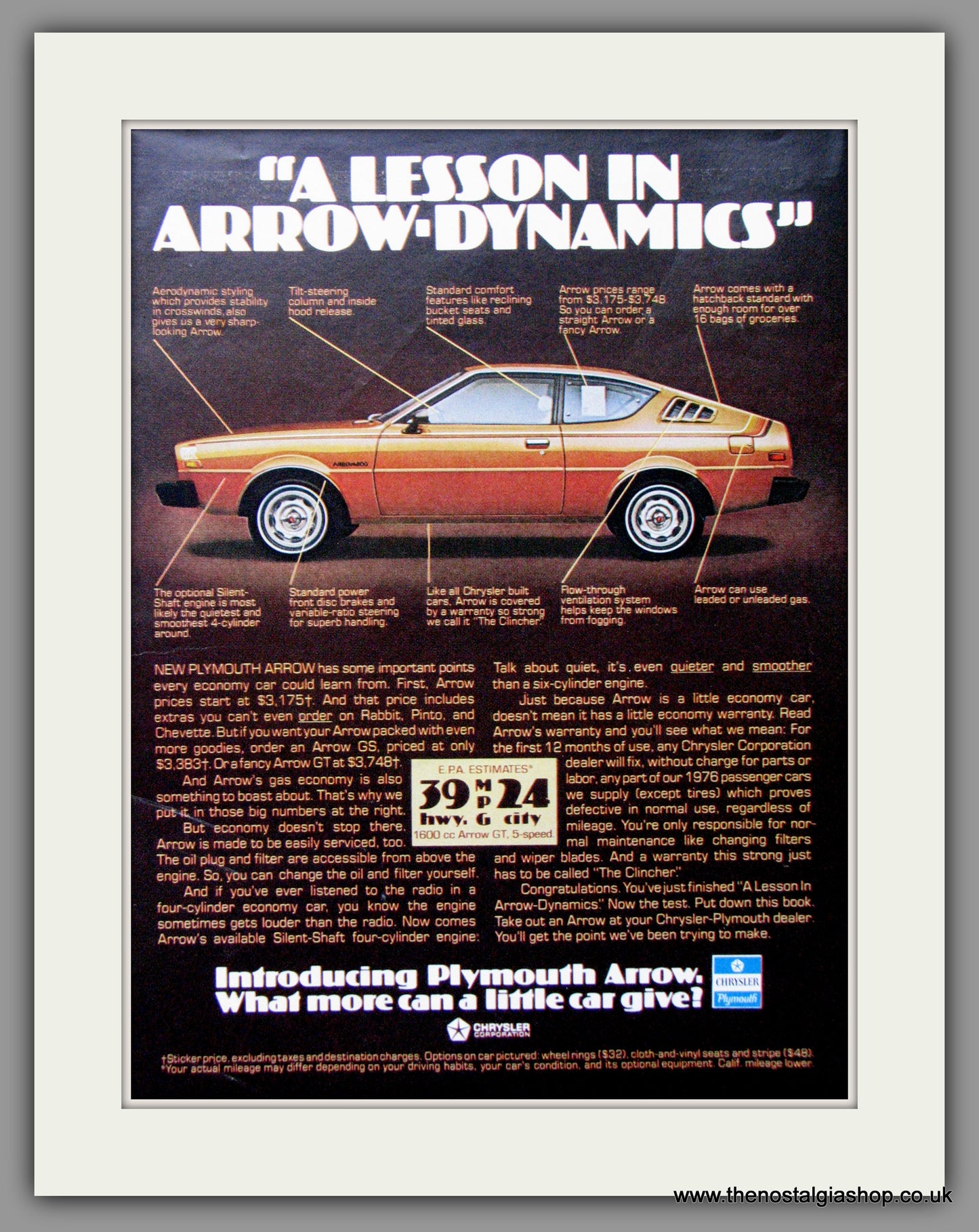 Plymouth Arrow. Original American Advert 1976 (ref AD52544)