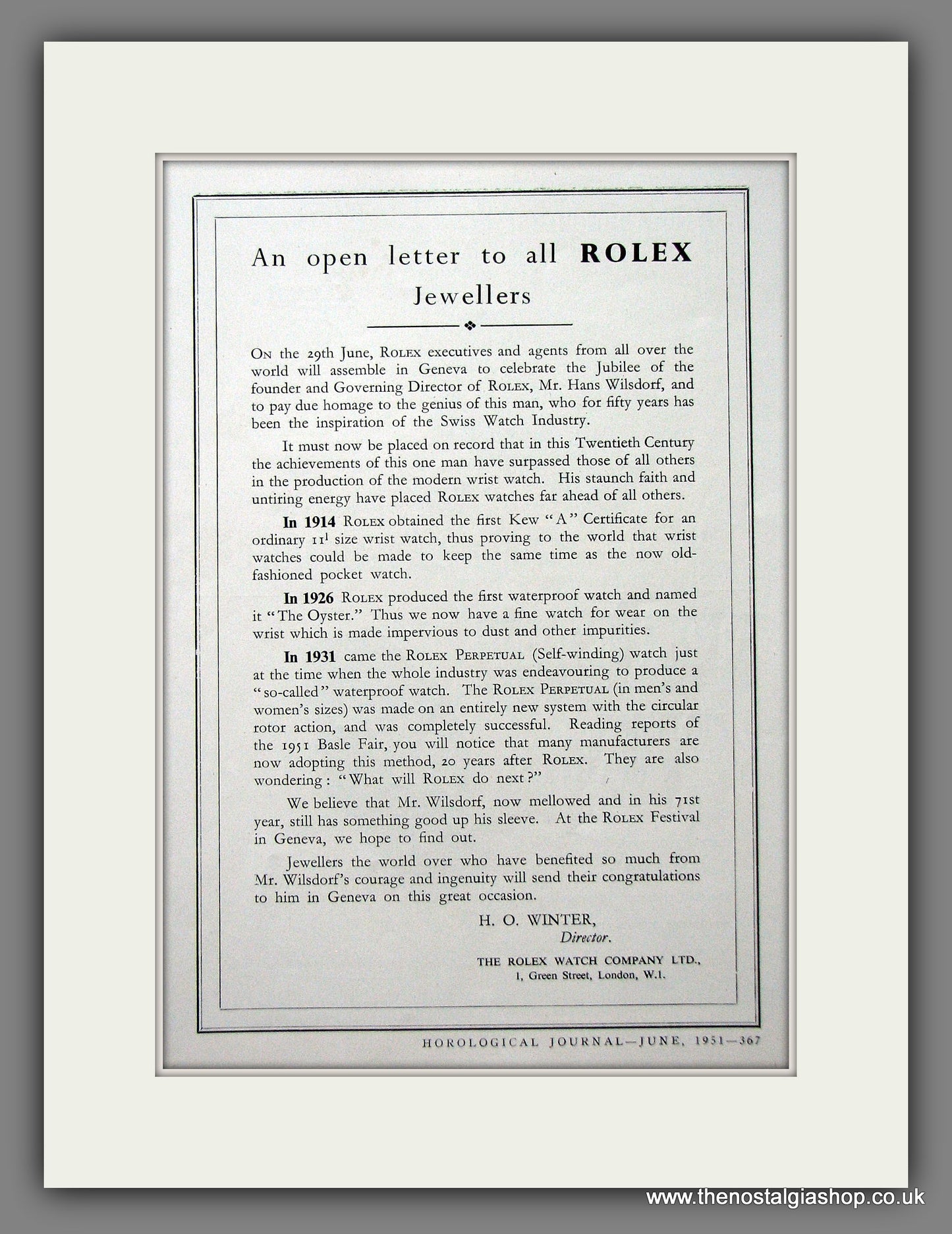 Rolex Letter to all Jewellers. Original Advert 1951 (ref AD56463)