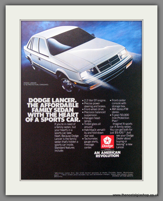 Dodge Lancer '86. Original American Advert 1986 (ref AD52635)