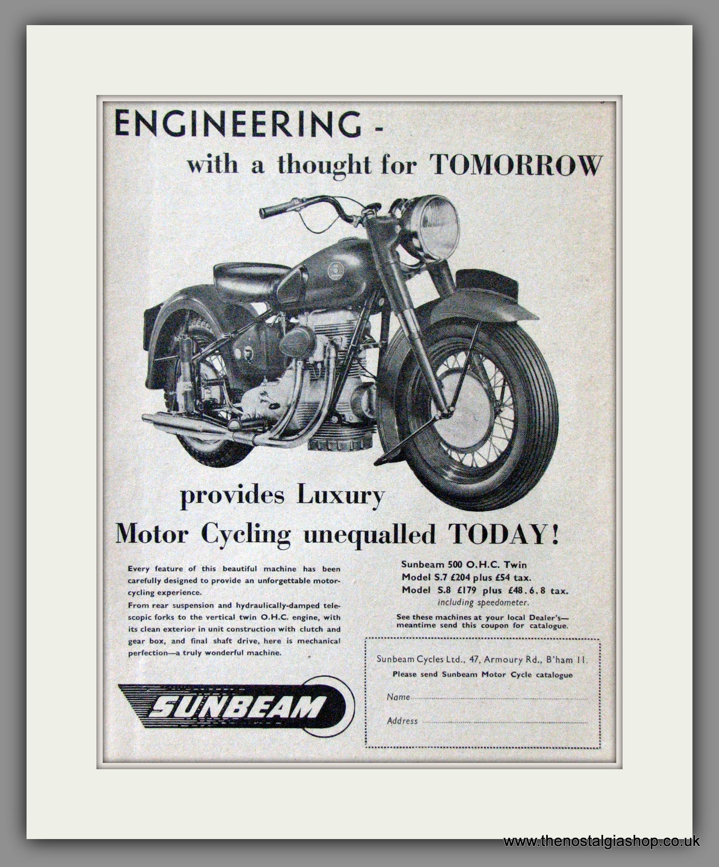 Sunbeam 500 O.H.C. Model S8 Motorcycle. 1950 Original Advert. (ref AD52209)