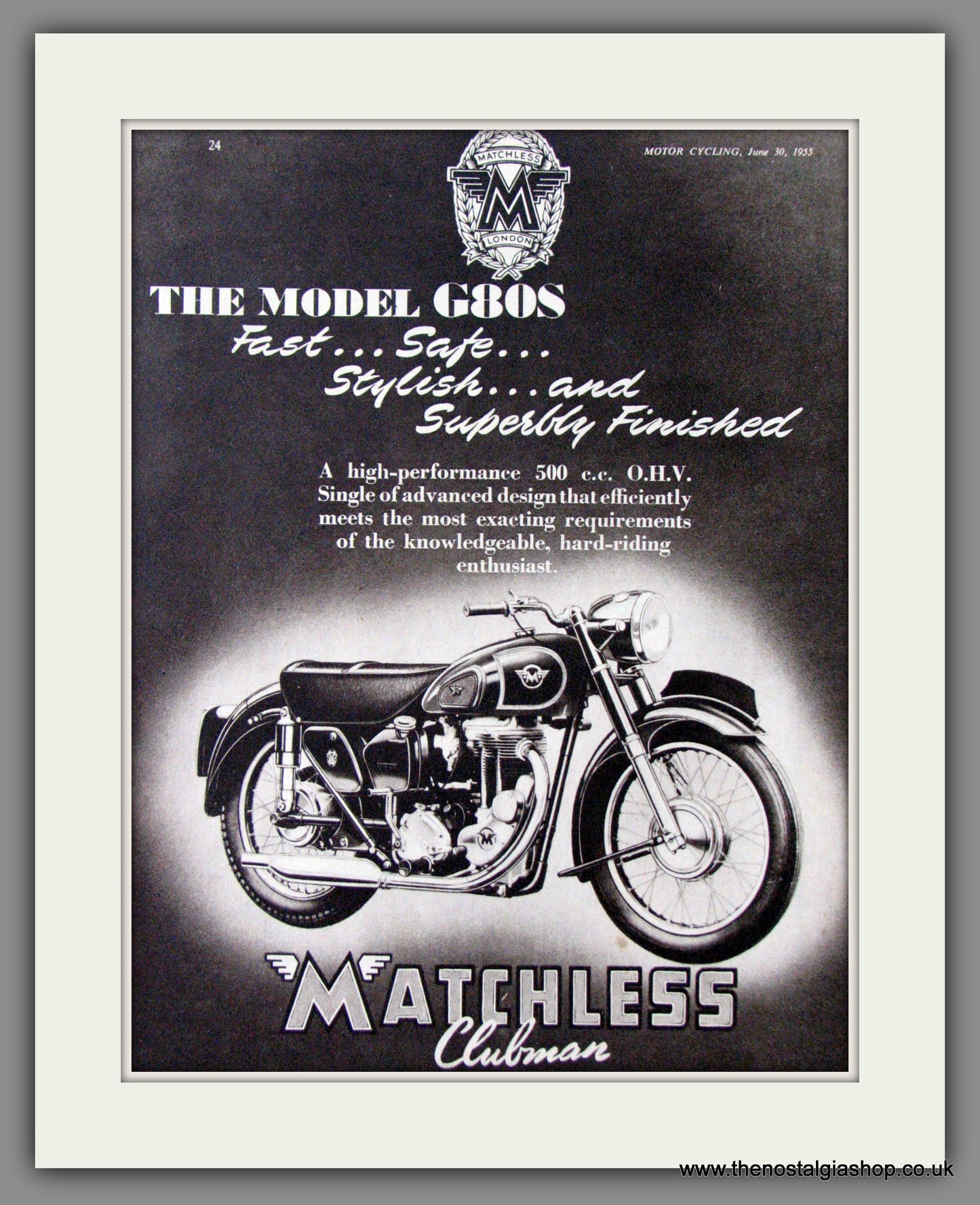 Matchless G80S Motorcycle. 1955 Original Advert. (ref AD52333)