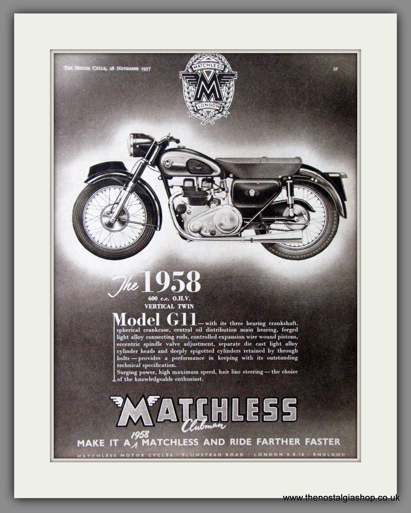 Matchless G11 Motorcycle. 1957 Original Advert. (ref AD52336)