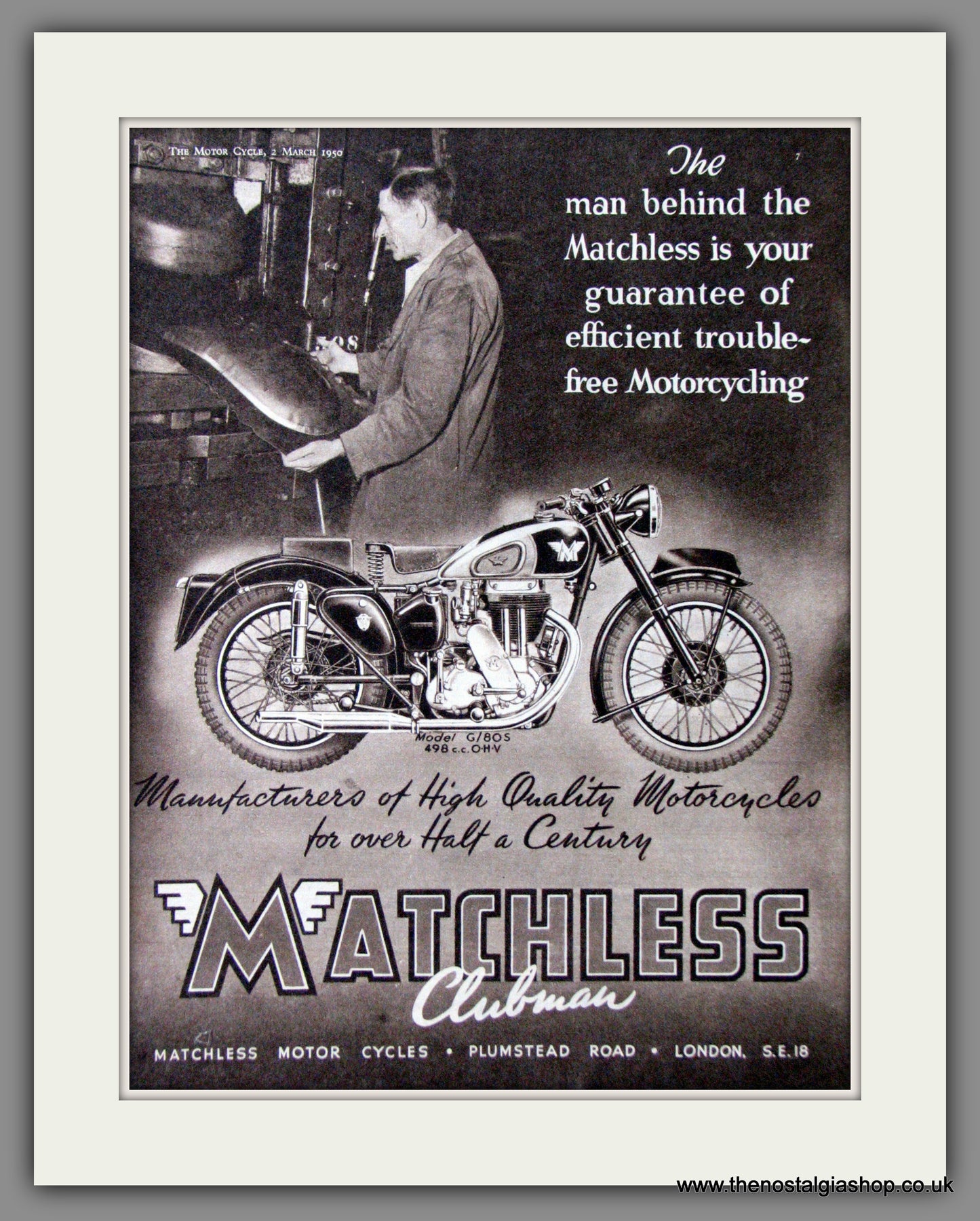 Matchless G/80S 500cc Motorcycle. 1950 Original Advert. (ref AD52338)