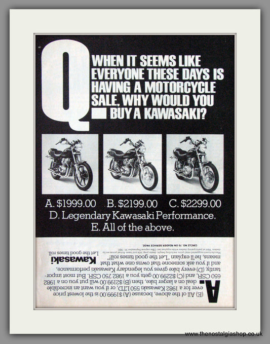 Kawasaki Motorcycle Range. Legendary. 1982 Original Advert. (ref AD52424)