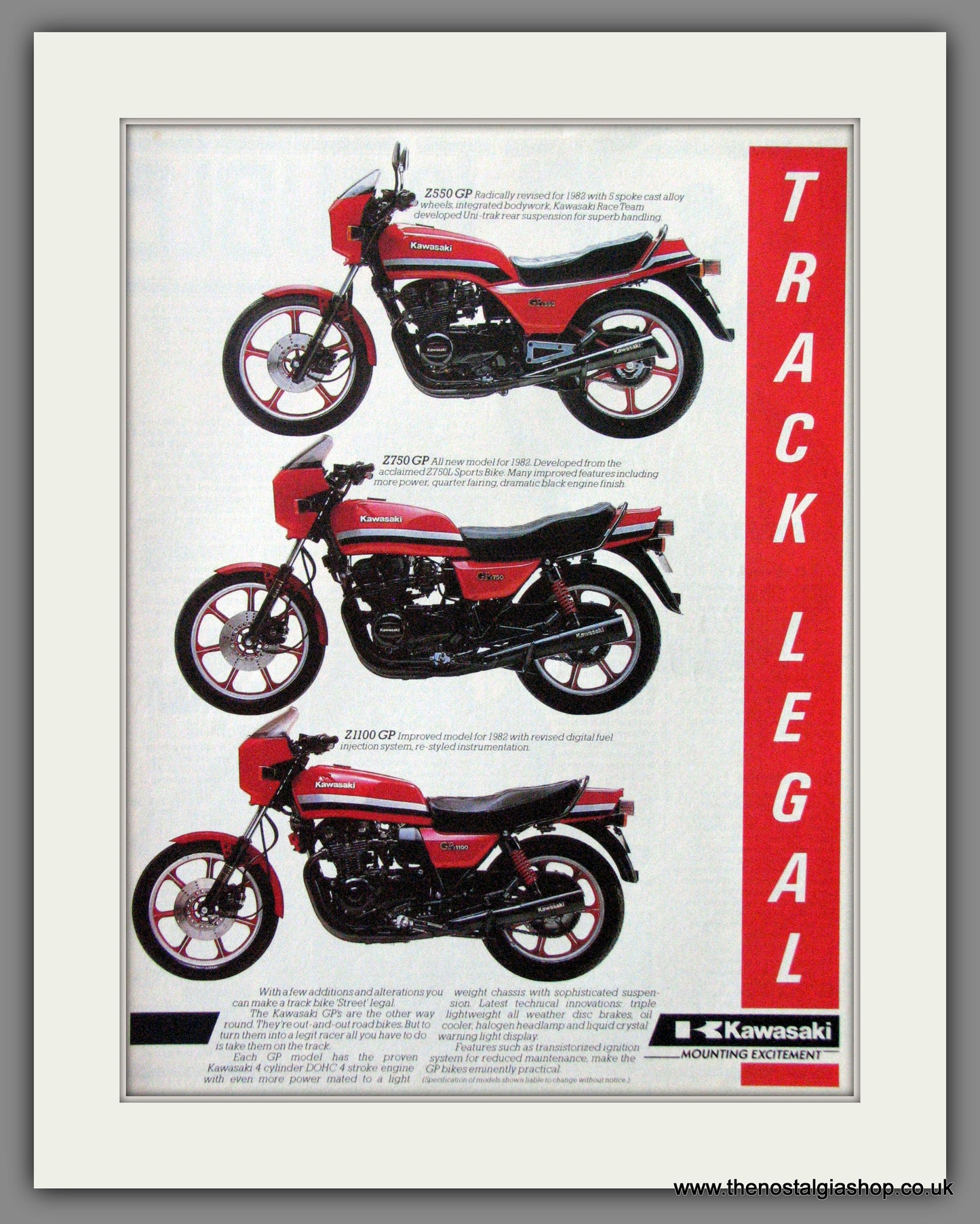 Kawasaki Z550 GP, Z750 GP, Z1100 GP Motorcycles. 1982 Original Advert. (ref AD52450)