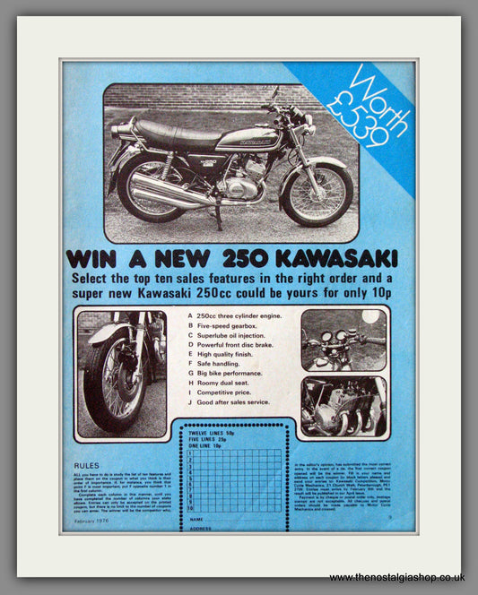 Kawasaki KH250 Motorcycle. Win One!! 1976 Original Advert. (ref AD52452)