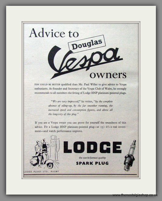 Vespa and Lodge Spark Plugs. Original advert 1954 (ref AD52472)