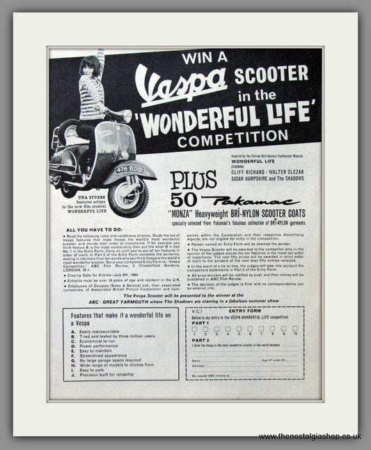 Vespa Wonderful Life Competition with Una Stubbs. Original advert 1964 (ref AD52473)