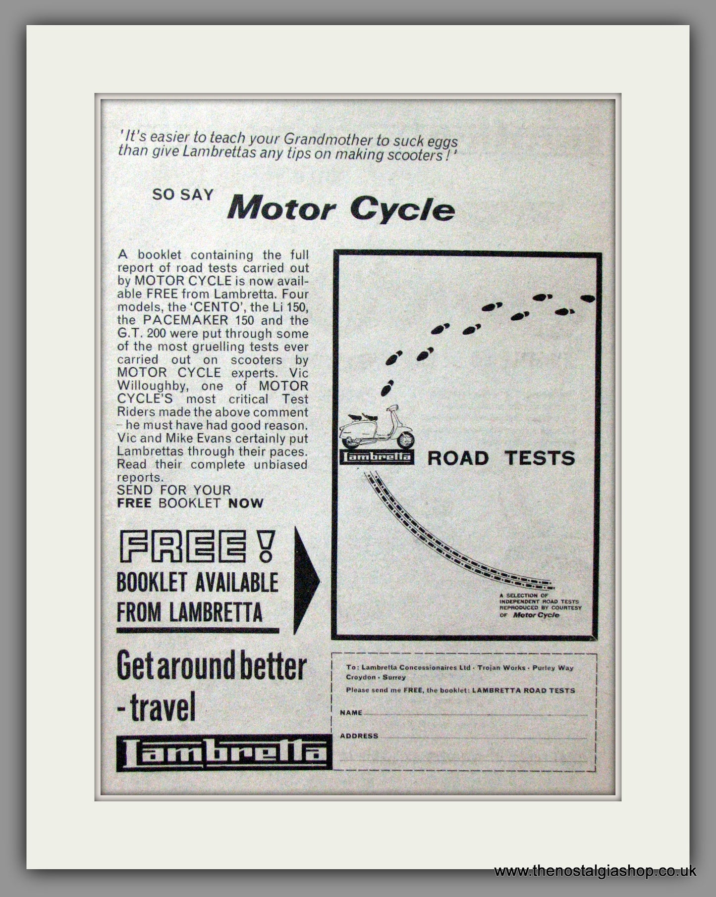 Lambretta Road Tests. Original advert 1964 (ref AD52520)