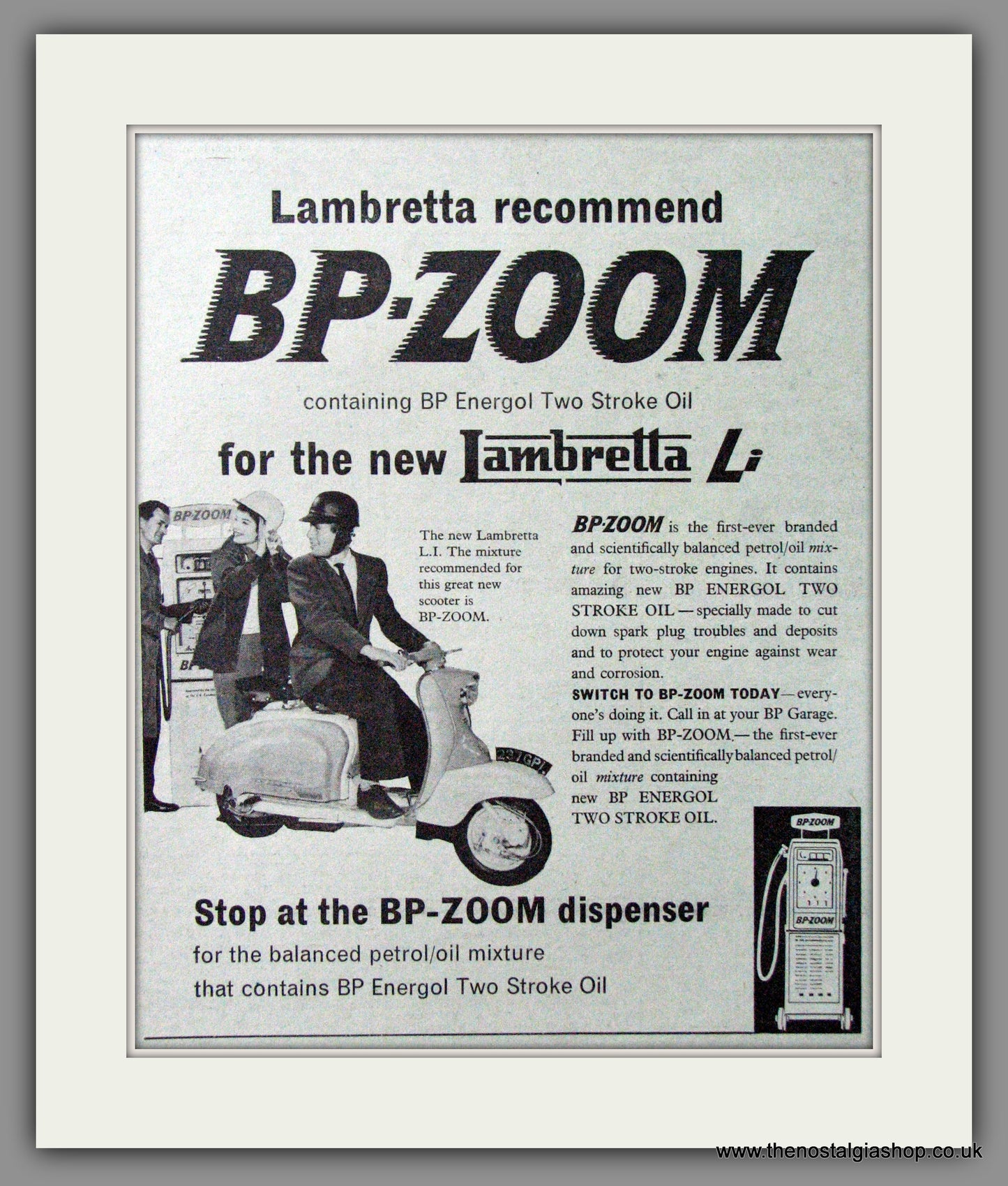 Lambretta Li Uses B.P. Zoom Fuel. Original advert 1958 (ref AD52528)