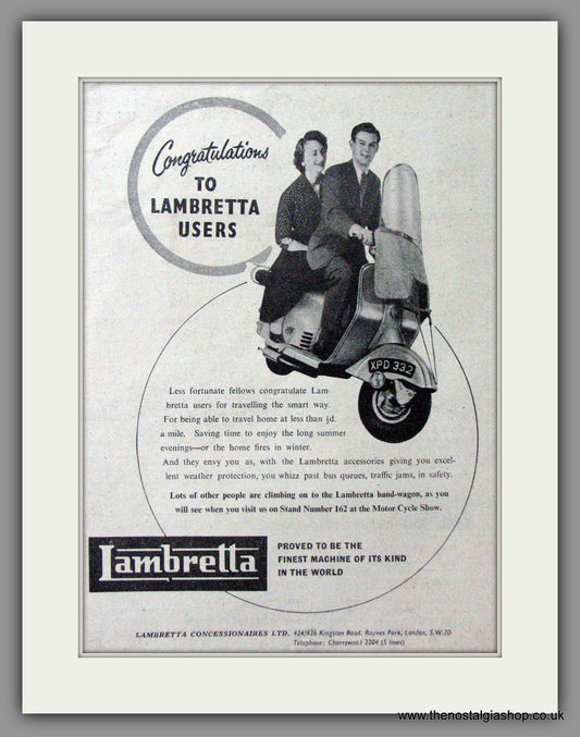 Lambretta Users, Congratulations. Original advert 1955 (ref AD52848)