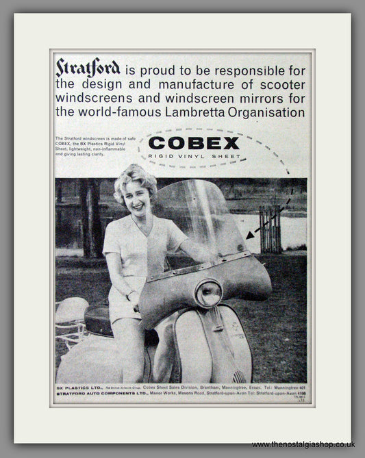 Stratford Scooter Windscreen. Cobex Rigid Vinyl Sheet. Original advert 1960 (ref AD53156)