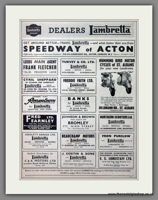 Lambretta Service Agents and Dealers. Original advert 1956 (ref AD53184)