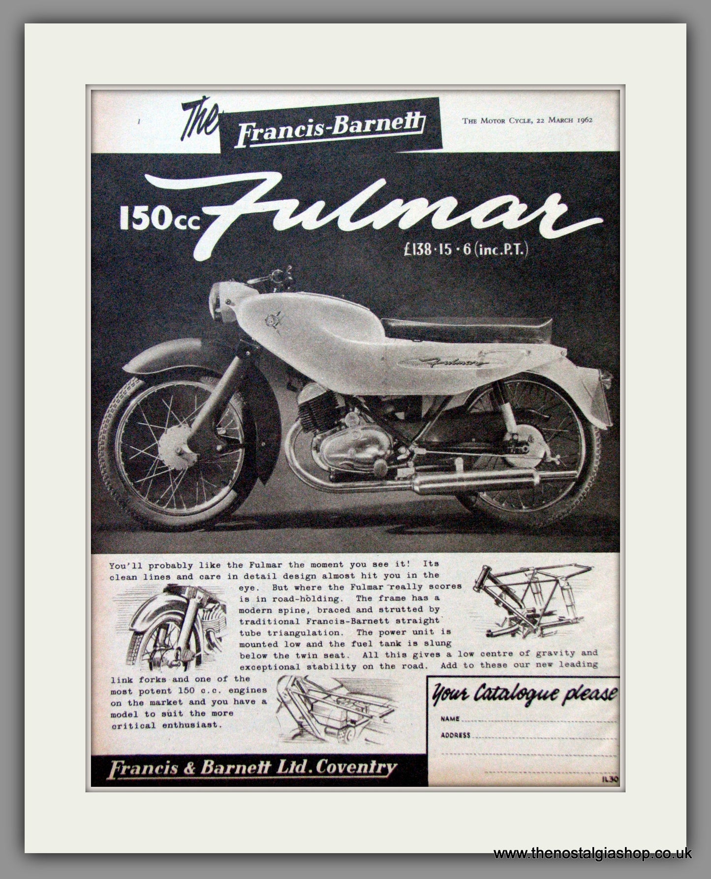 Francis-Barnett Fulmar 150cc. Original Advert 1962 (ref AD53028)