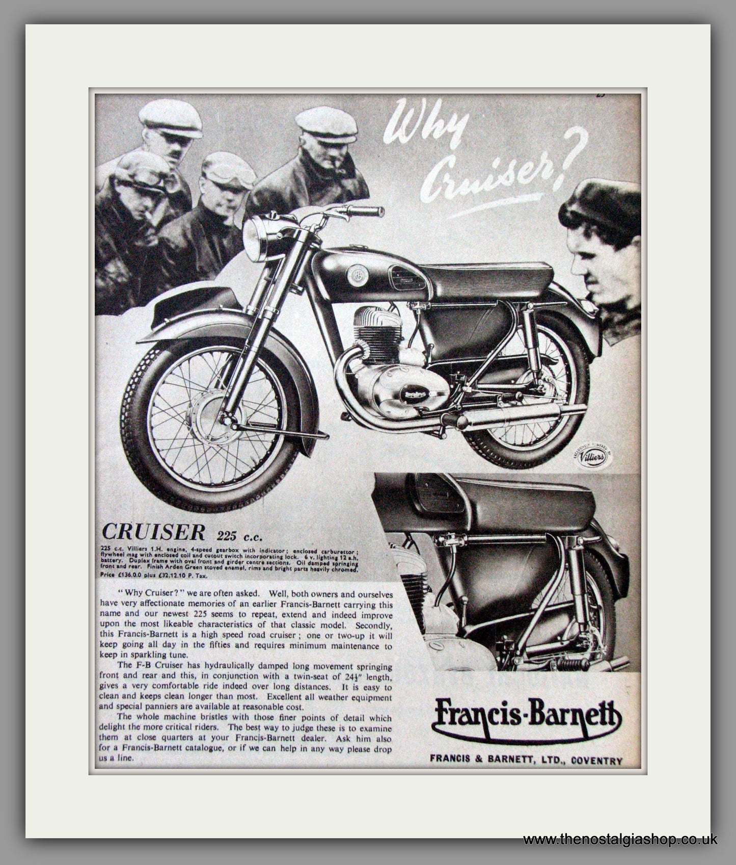 Francis-Barnett Cruiser 74 225cc. Original Advert 1956 (ref AD53034)