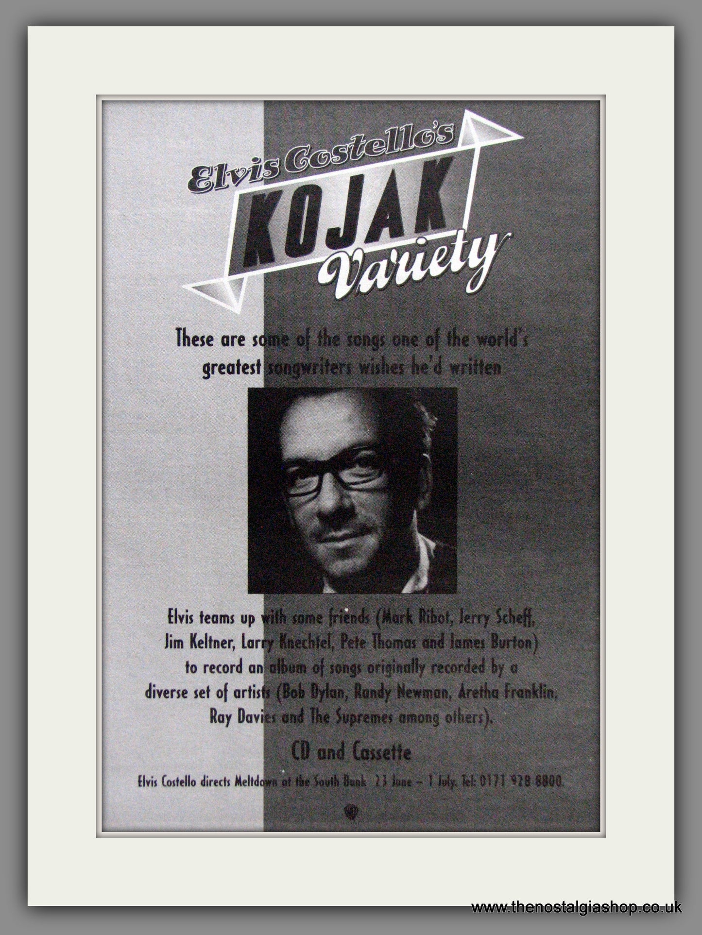 Elvis Costello. Kojak Variety. Original Advert 1995 (ref AD52903)