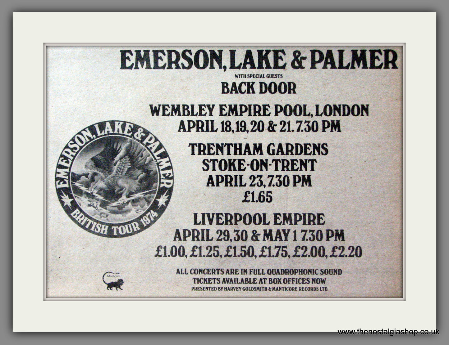 Emerson, Lake & Palmer. UK Concerts. Original Advert 1974 (ref AD52931)