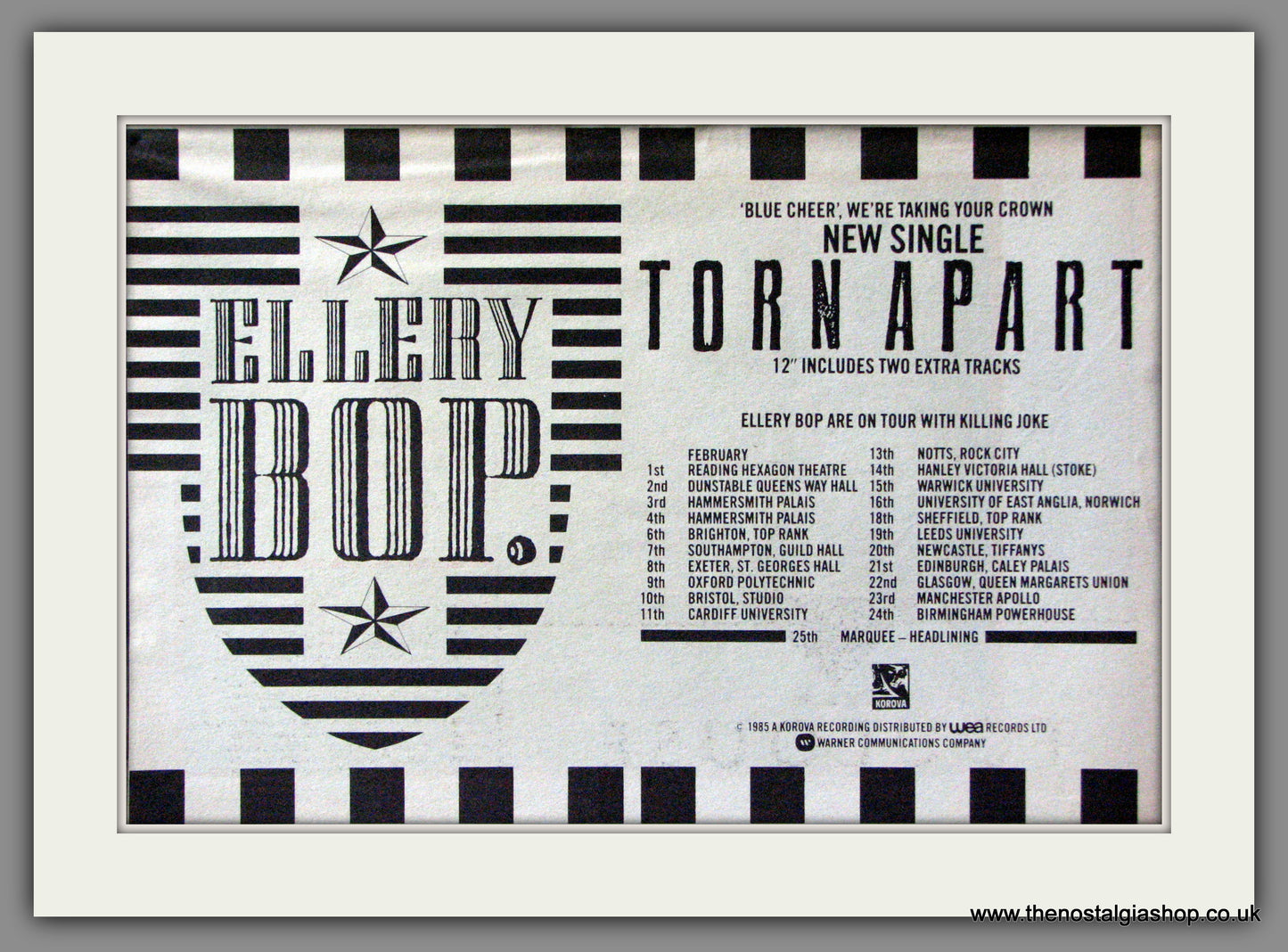 Ellery Bop. Torn Apart. UK Tour with Killing Joke. Original Advert 1985 (ref AD53432)