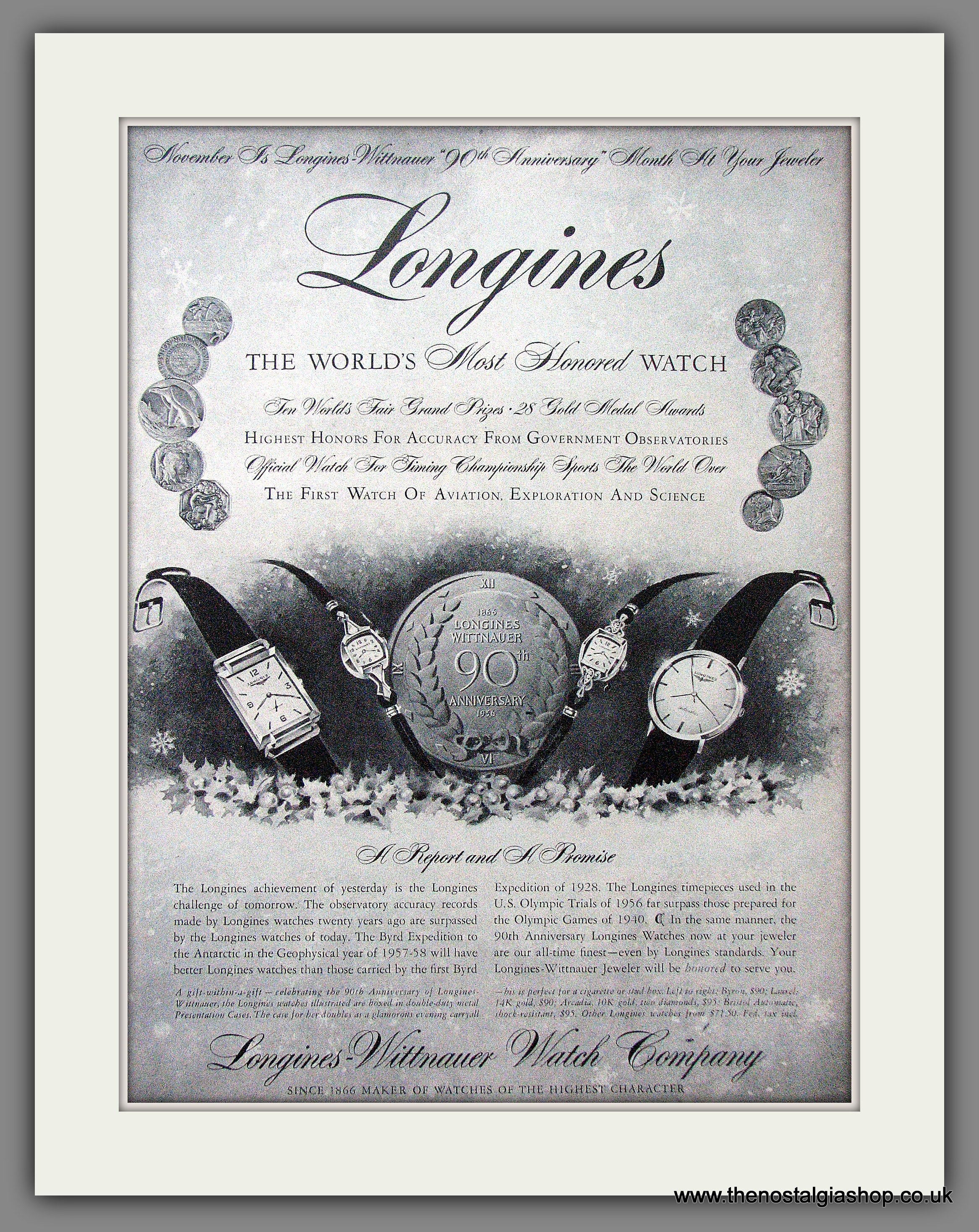 Longines Watches. 90th Anniversary. Original Advert 1956 ref